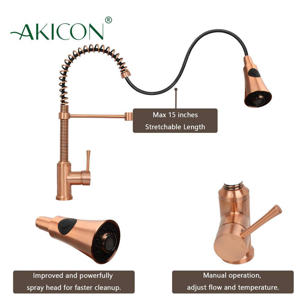 Akicon Single-Handle Pull-Down Sprayer Kitchen Faucet with Hi-Arc 360 Swivel Spout in Copper AK565C