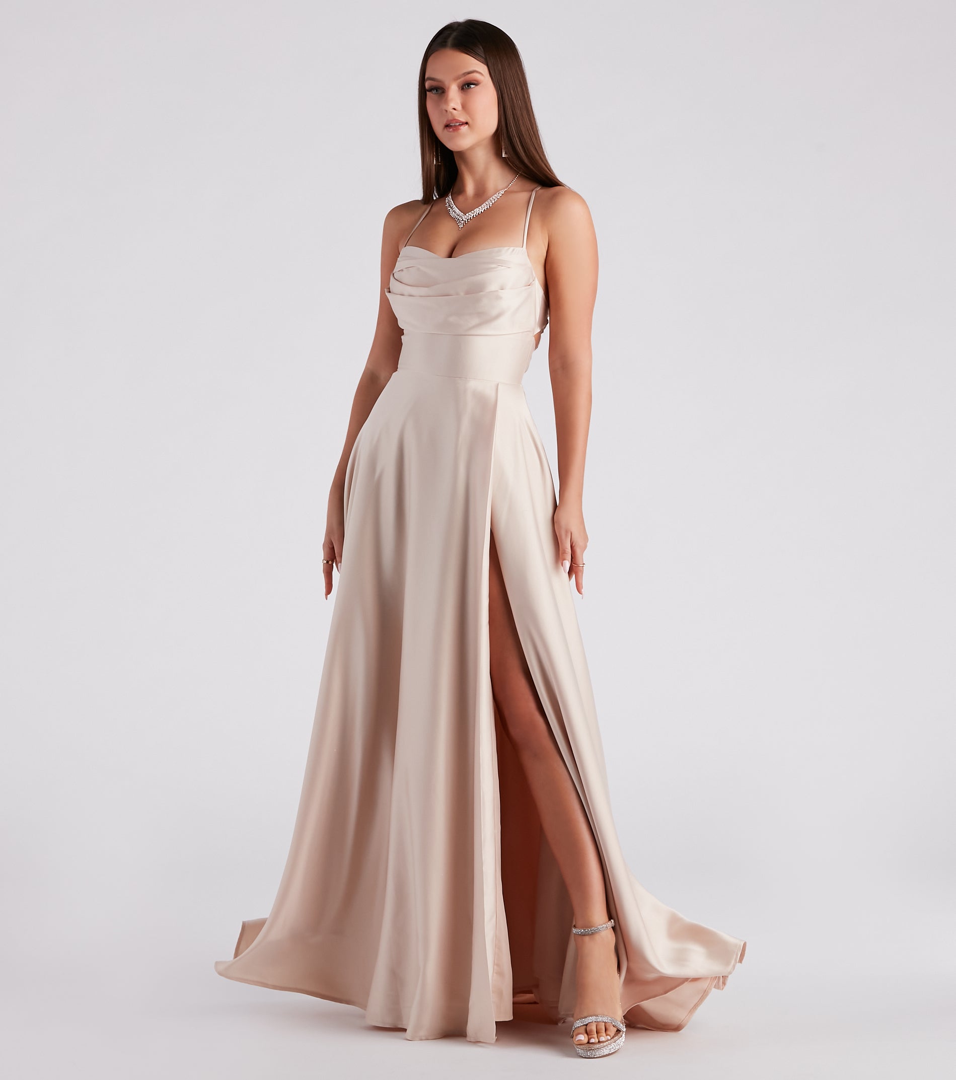 Elaina Formal Satin Cowl A-Line Dress