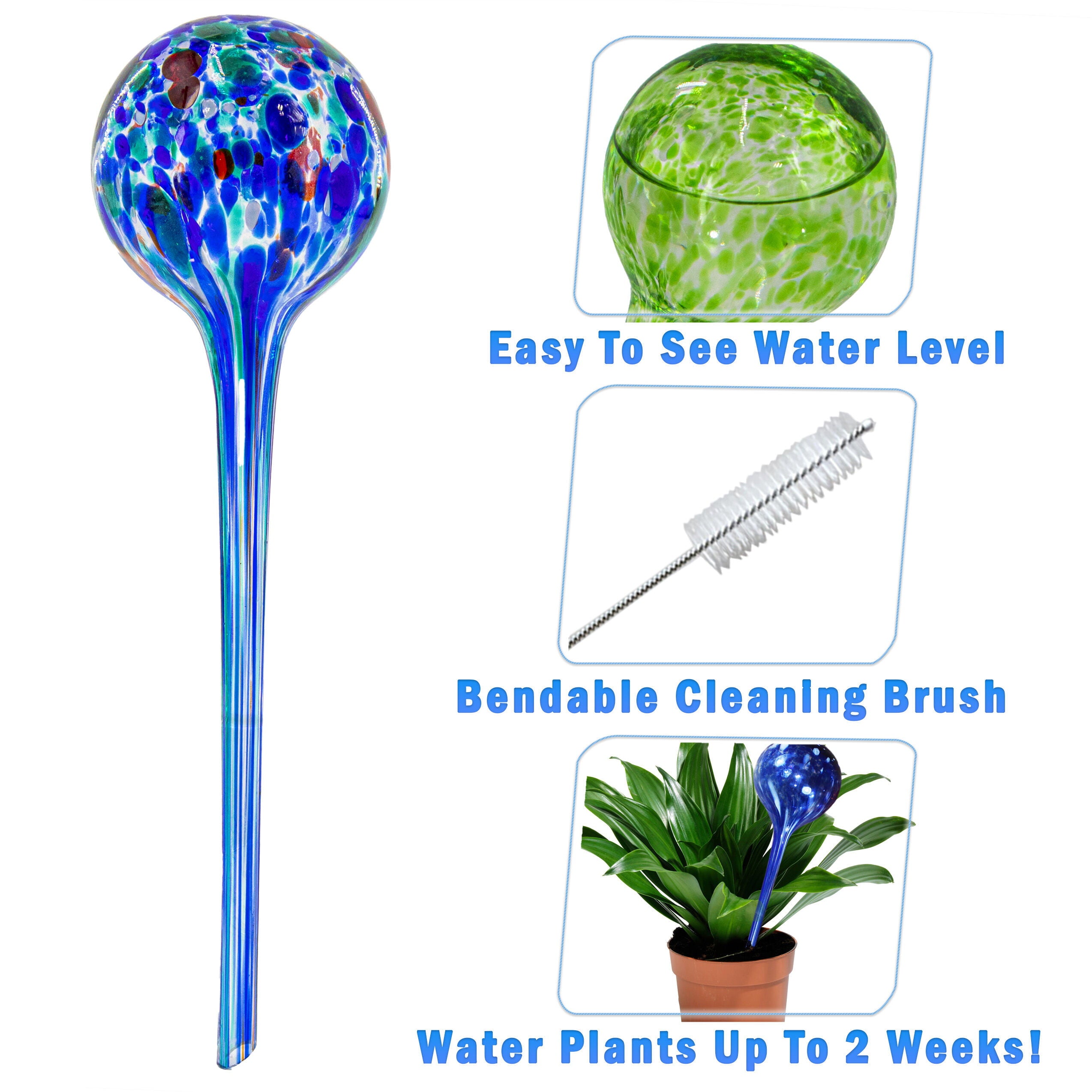 4pc Large Aqua Plant Watering Globes - Automatic Self Drip Watering Plant Glass Ball Bulbs - Indoor Outdoor Use - Perfect Potted Flowers, Houseplants, Herbs - Or While Out On Vacation As Seen TV