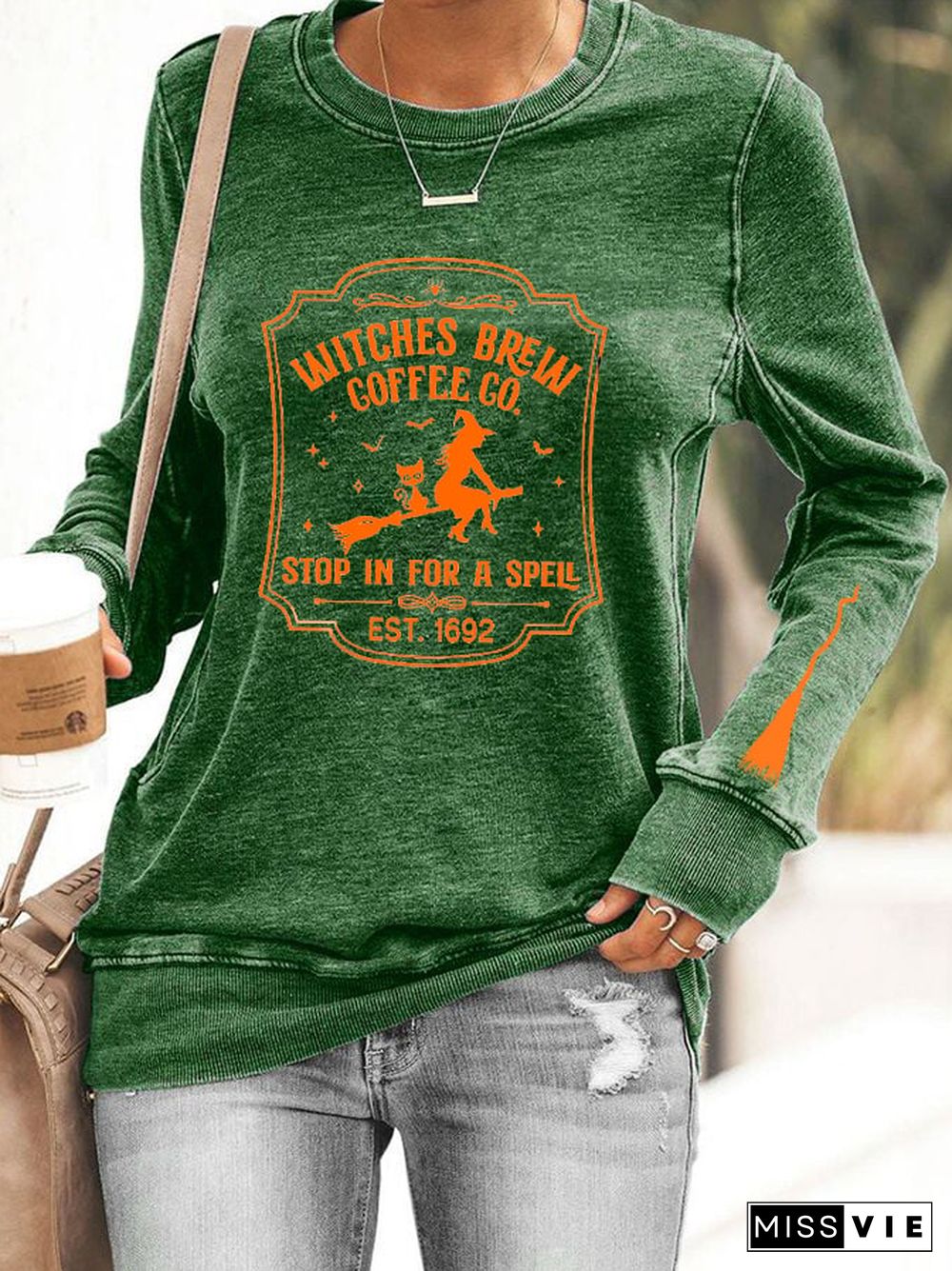 Women's Halloween Funny Coffee Co Witches Brew Printed Sweatshirt