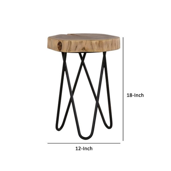 18 Inch Side Table， Wood Tabletop， Hairpin Style Iron Legs， Brown， Black - 12L x 12W x 18H