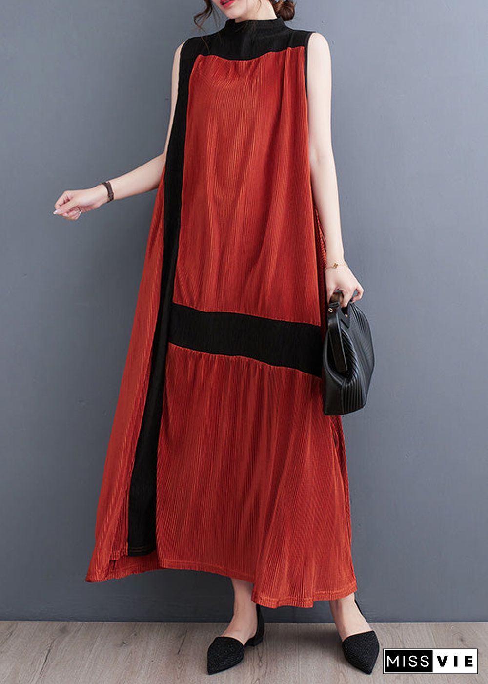 Casual Orange Turtleneck Patchwork Wrinkled Maxi Dress Sleeveless