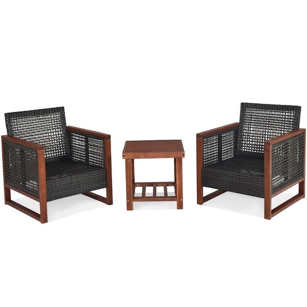 3PCS Patio Wood Wicker Conversation Furniture Sofa Set with Cushion - Overstock - 37500666