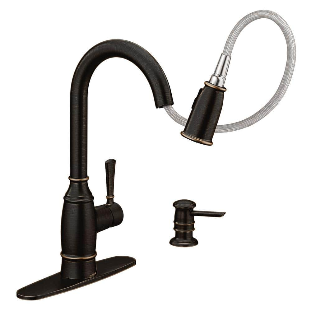 Moen Noell Single-Handle Pull-Down Sprayer Kitchen Faucet With Reflex， Soap Dispenser And Power Clean In Mediterranean Bronze