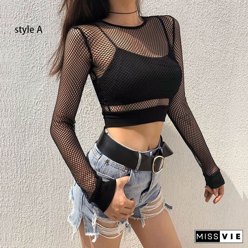 Women's Summer Fashion Black Fishnet Tops Sexy Hollow Long Sleeve Mesh Tops T-shirt Sheer Tops