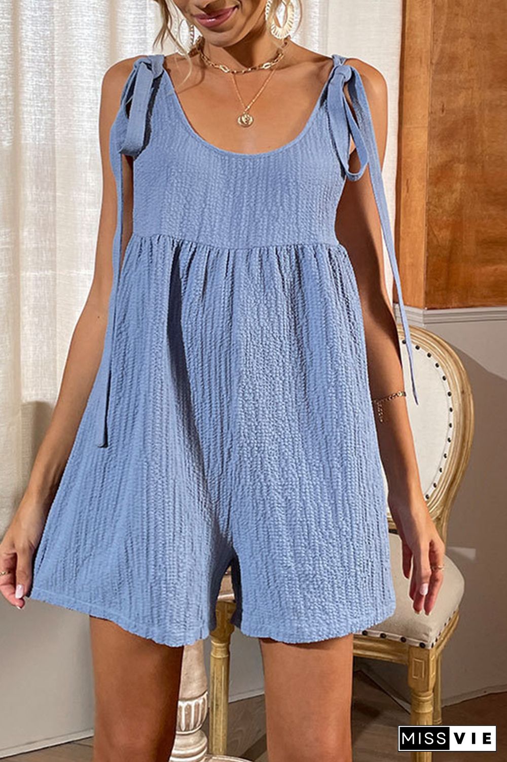 Blue Plain Shorts Loose Jumpsuit Wholesale