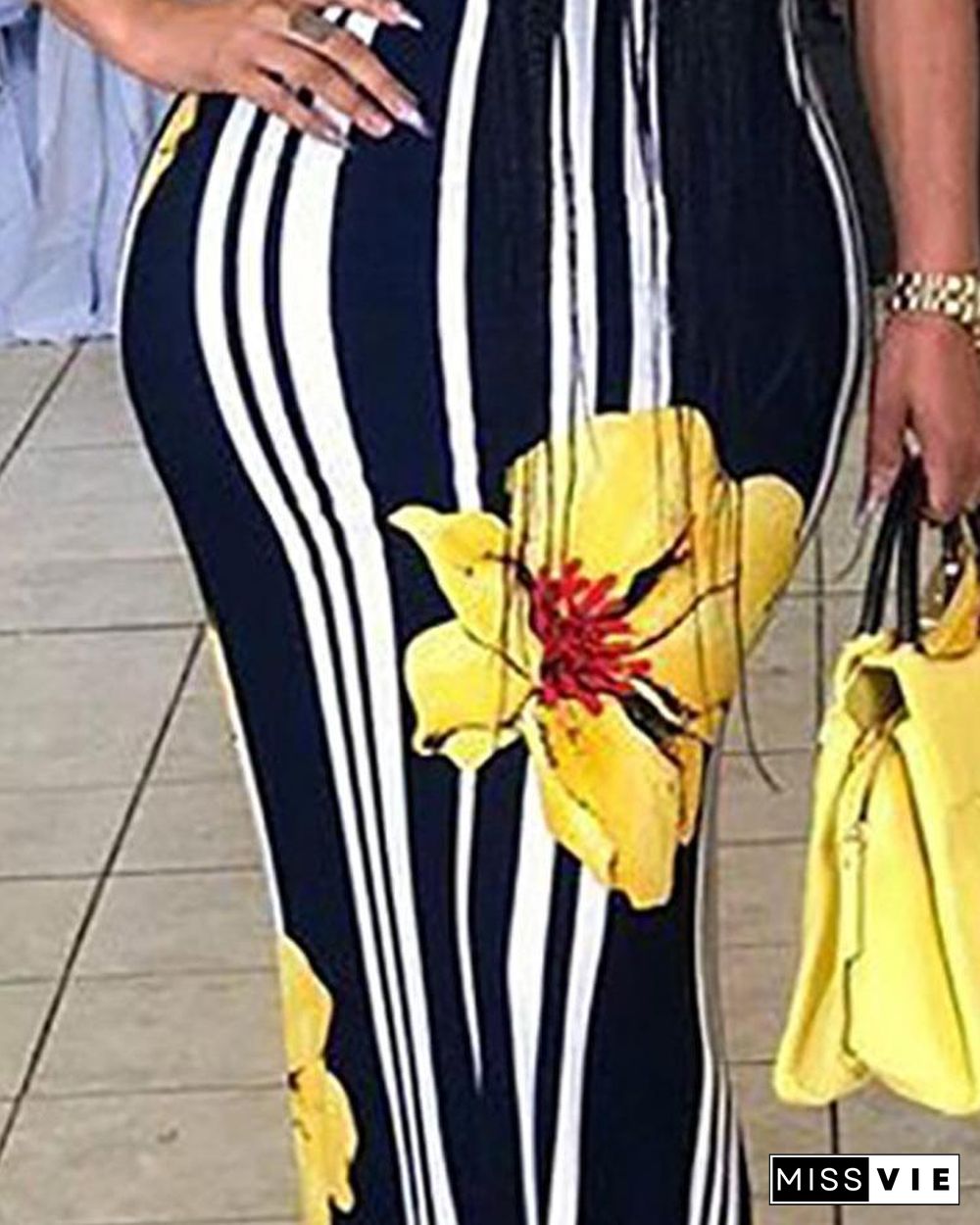 Sexy Floral Print Striped Bodycon Maxi Dress