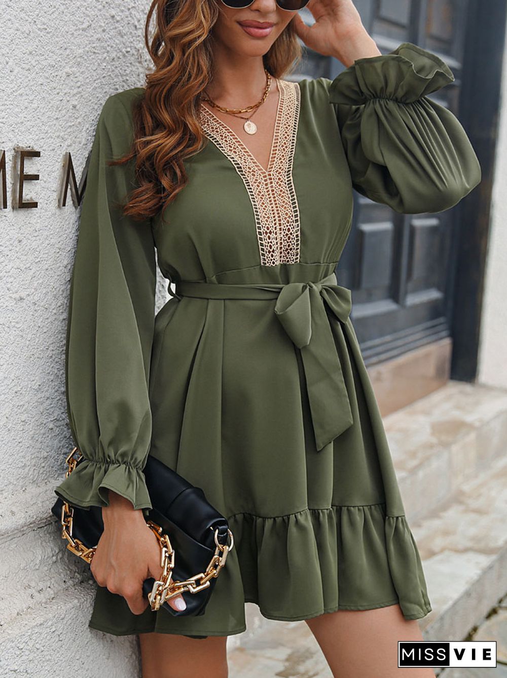 Autumn Dresses For Women Lace V-neck Ruffle Short Skirt Office Lady Women's Dress White Long Sleeve Casual Dresses Women