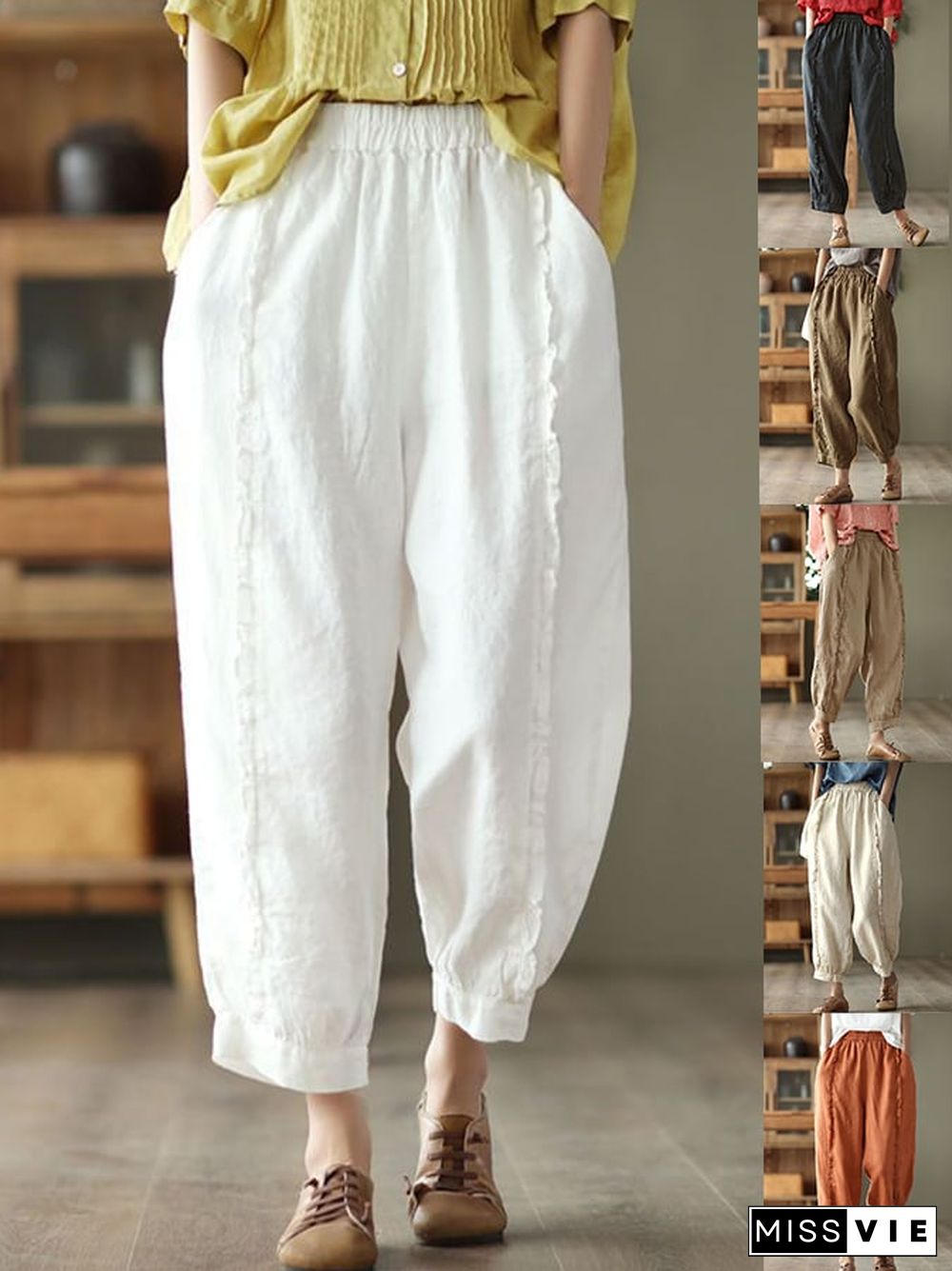 Cotton Linen Retro Wood Ear Stitching Casual Pants