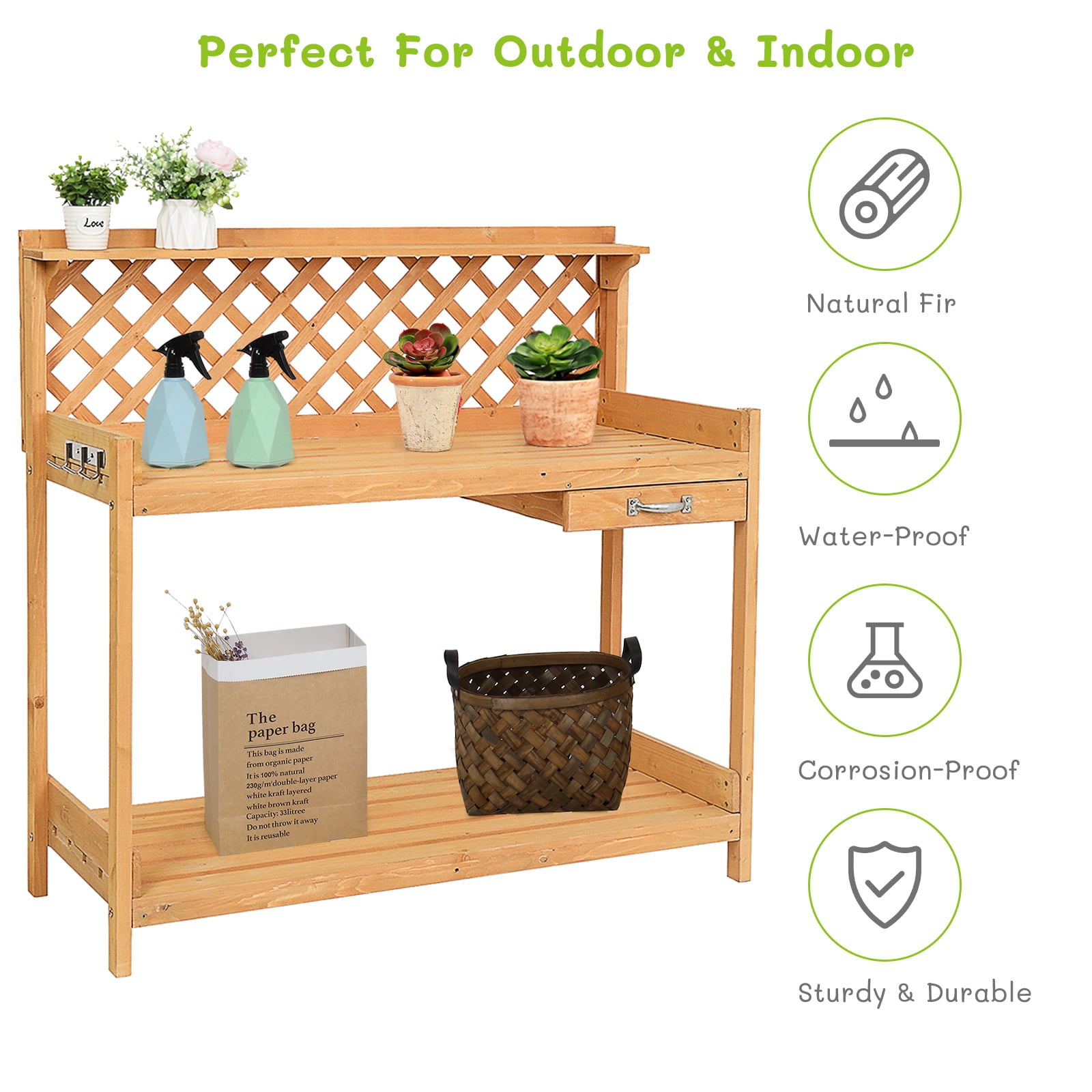 Ktaxon Garden Workbench Potting Table for Outside Garden with Drawer Burlywood