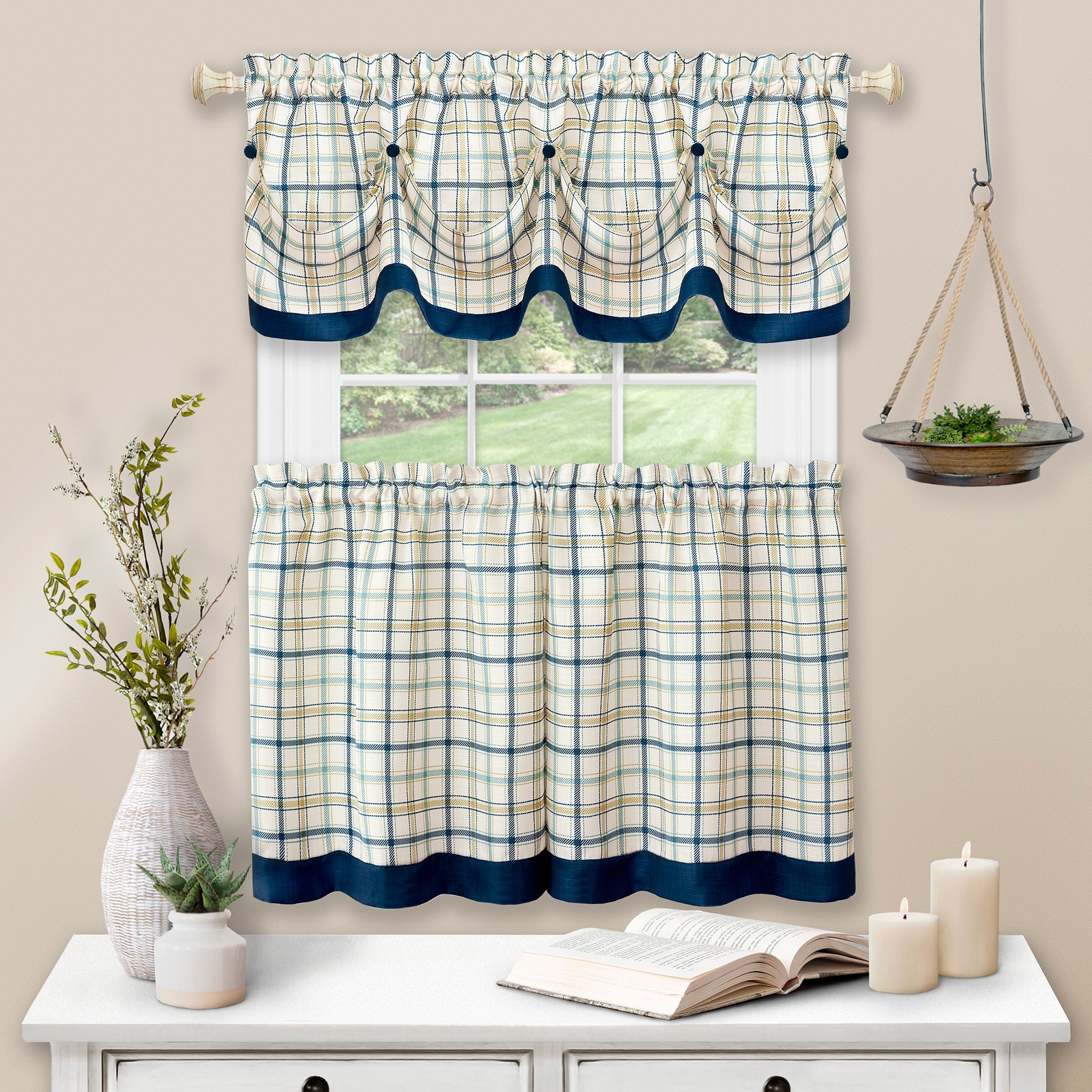 3-Piece Window Kitchen Curtain Set with Double Layer Plaid Gingham Fabric, Tier Pair Panels and Button Tab Top Valance, Navy, 24 Panel Length