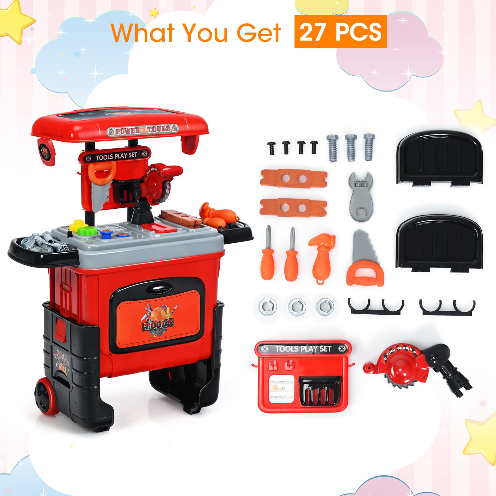 Costzon 2 in 1 Kids Tool Workbench Toy Set, Portable Construction Toy w/ Trolley Case Set for Toddlers