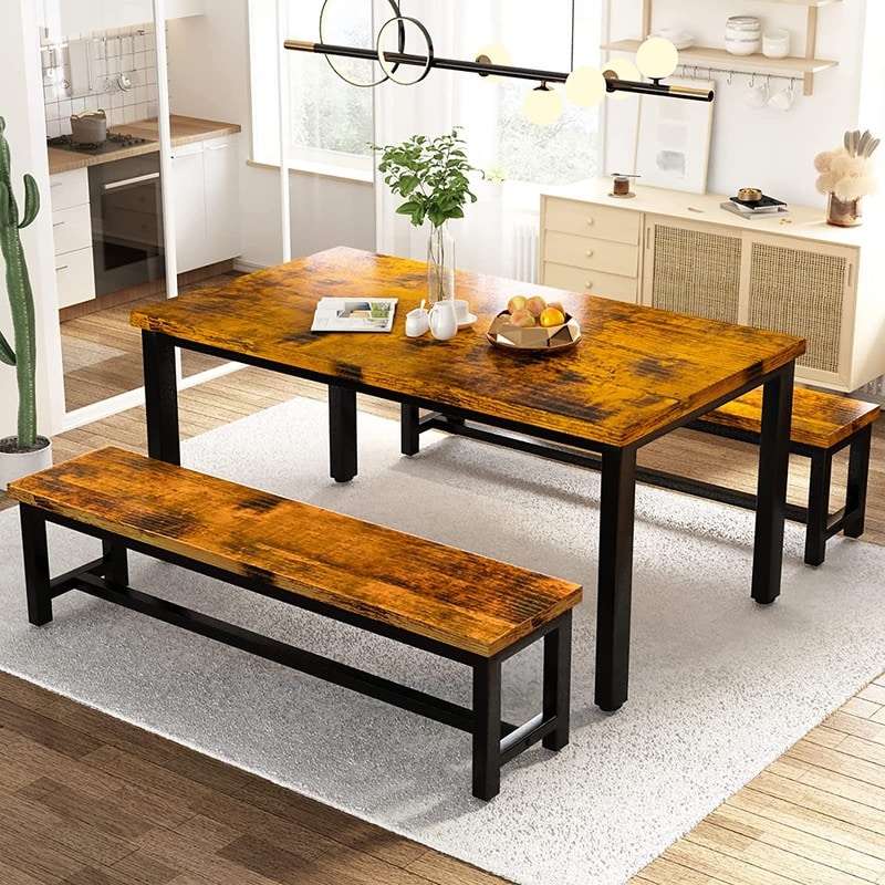 Industrial 3 Piece Dining Table Set  Retro Wood Kitchen Table Set with 2 Benches for Home Kitchen  Dining Room  Restaurant