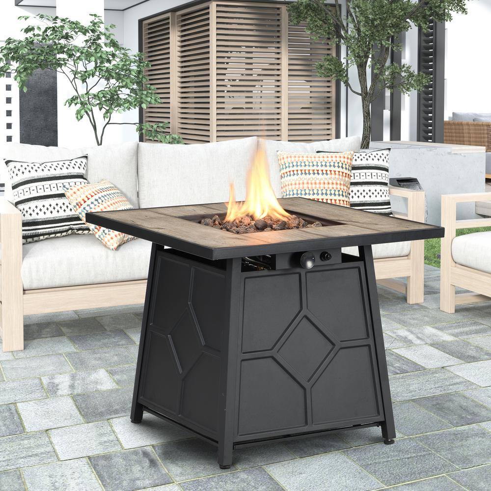 CASAINC 28-inch Steel Propane Gas Fire Pit Table 40000 BTU Square Gas Firepits with Lid and Lava Rock in Gray CR-FP-02-BR