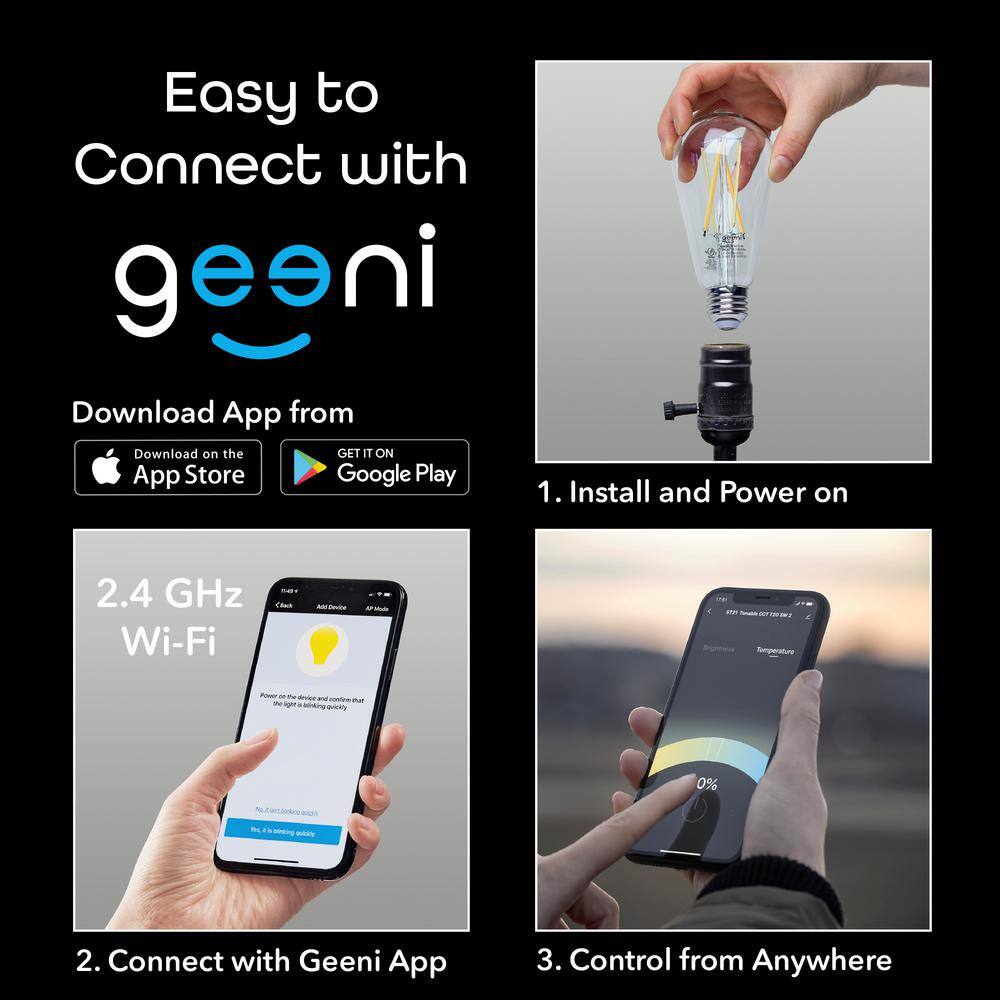 Geeni 60-Watt Equivalent E26 ST21 (ST64) Edison WiFi LED Smart Bulb 2700K To 6500K No Hub Required (4-Pack) GN-BW423-999