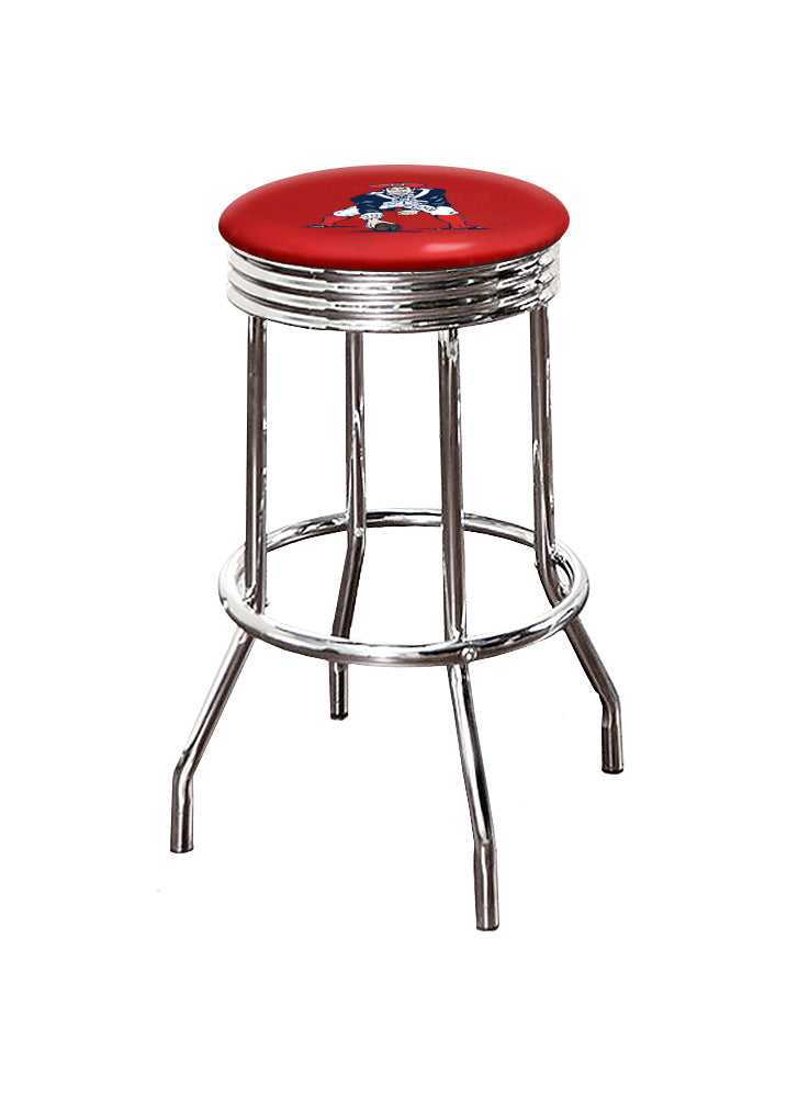 The Furniture King Bar Stool 29 Tall Backless Chrome Metal Stool Featuring Your Favorite Football Team Logo on a Colored Vinyl Swivel Seat Cushion Patriots Guard on Red