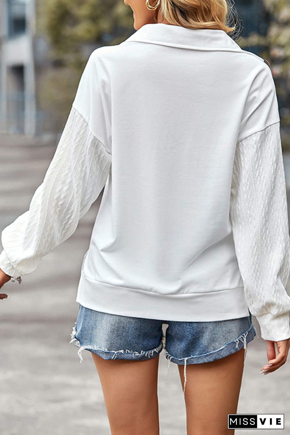 Zipper Down Stand Neck Texture Sleeves Pullover Sweatshirts