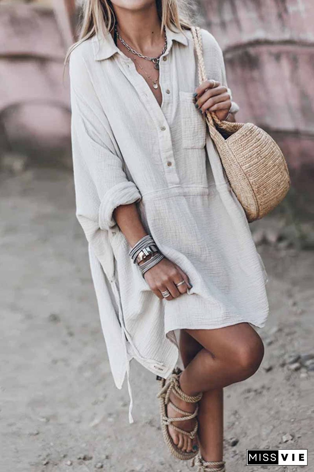 Casual Loose Cotton And Linen V-neck Dress