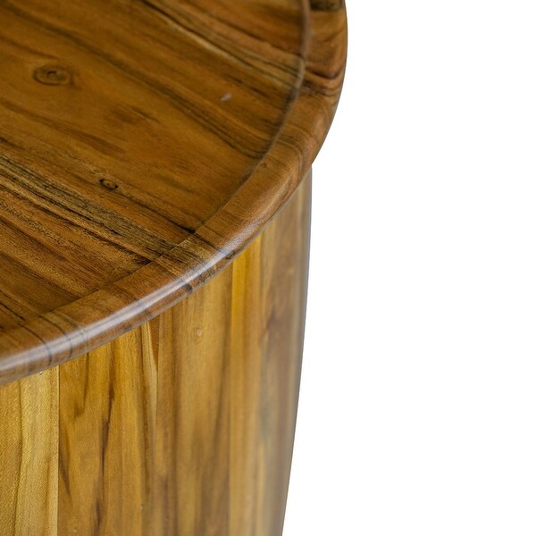 25 Inch Round Accent Side Table， Mango Wood， Barrel Shape， Classic Brown