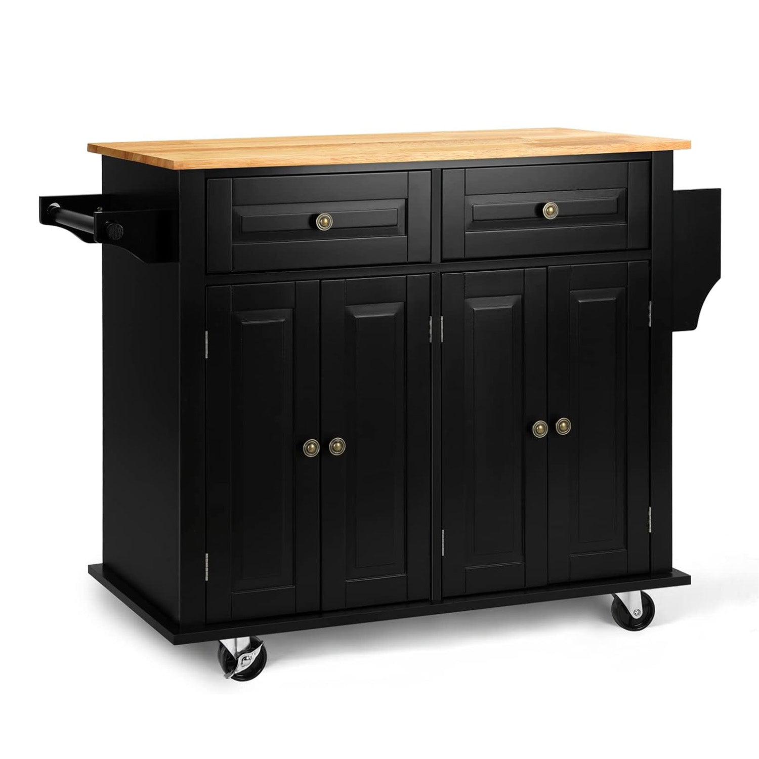 Wide Rolling Kitchen Island 43.3 Inches with Storage, Solid Wood Top and Locking Wheels