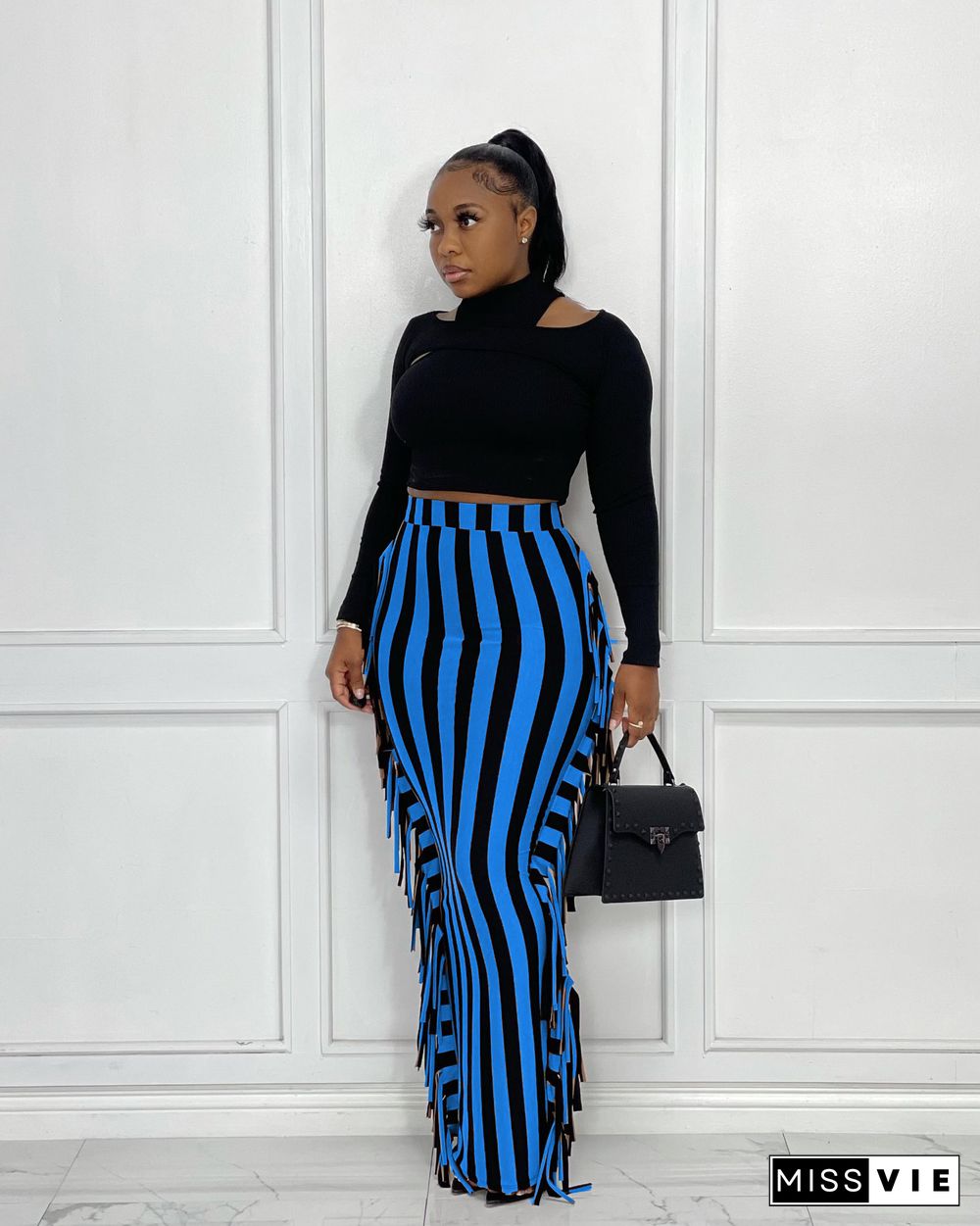 Stripe High Waist Tassel Side Bodycon Pencil Skirts