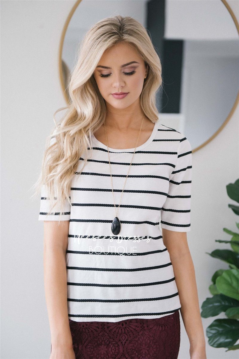 White Striped Scoop Neck Top