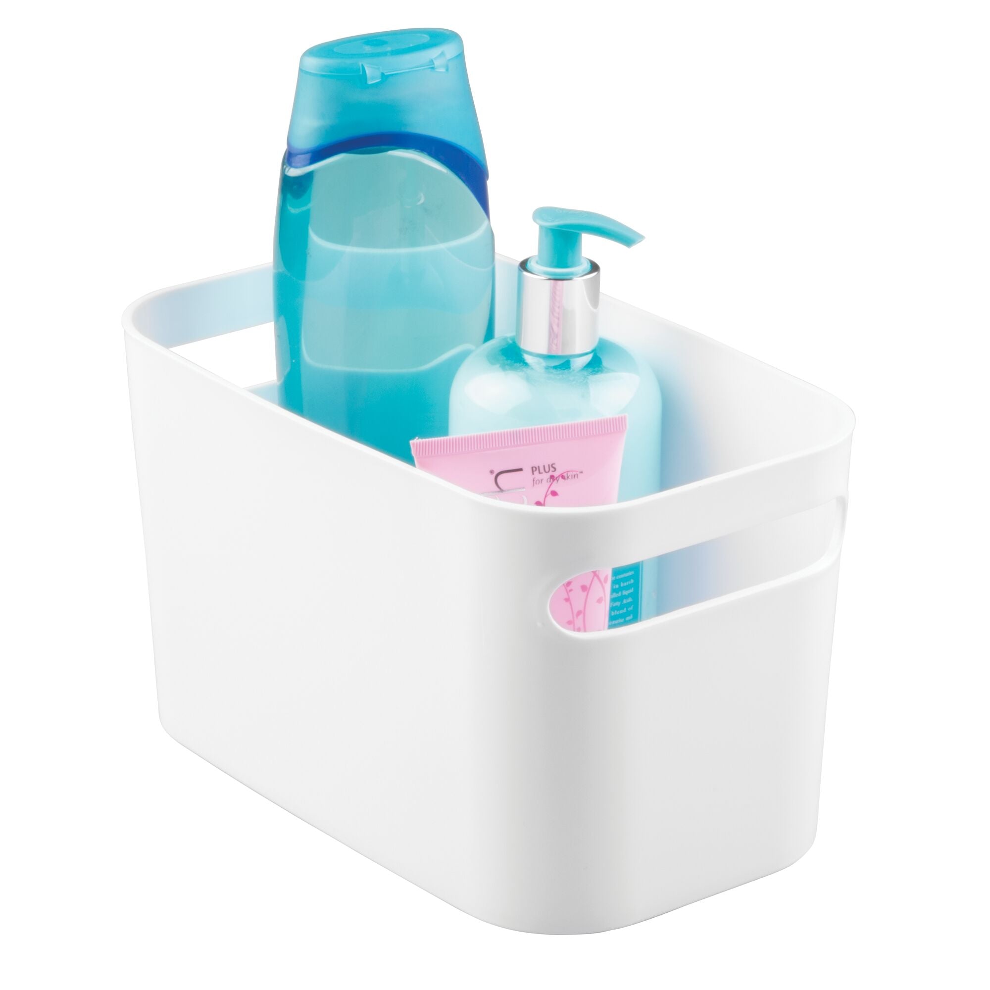 mDesign Deep Plastic Bathroom Vanity Storage Bin with Handles - Organizer for Hand Soap， Body Wash， Shampoo， Lotion， Conditioner， Hand Towel， Hair Brush， Mouthwash - 10