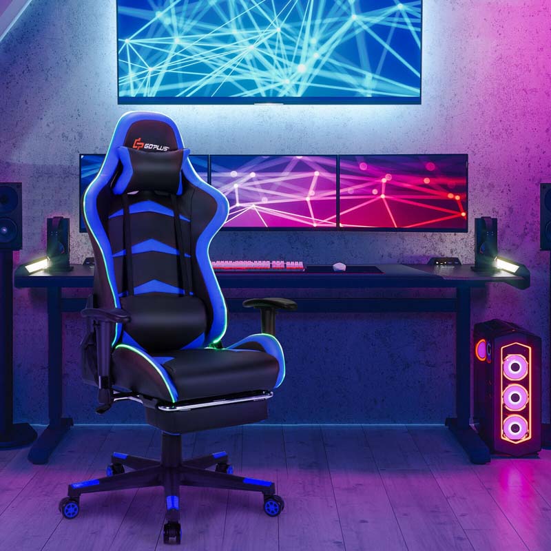 LED Massage Gaming Chair, Height Adjustable Racing Computer Office Chair with Footrest, Ergonomic High Back PU Swivel Game Chair