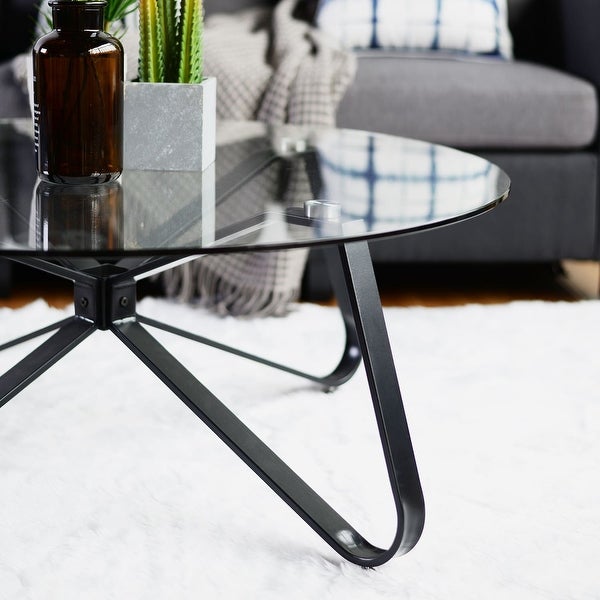 Round Accent Center Table Modern 31.5-inch Black Coffee Table with Tempered Glass Tabletop End Table with Metal Coating Legs