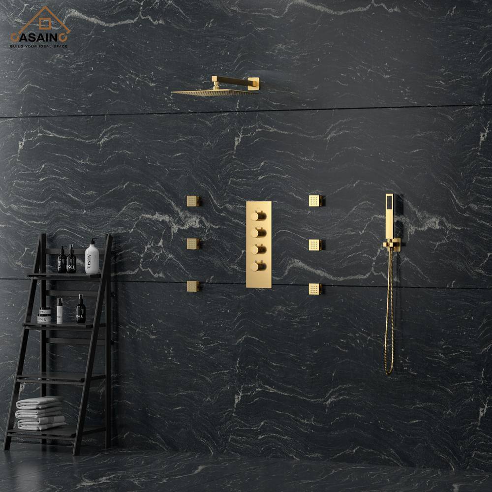 CASAINC 6-Spray Pattern 12 in. Wall Mounted Rainfall Shower Faucet and Dual Shower Heads System With 6 Body Jets In Brushed Gold CS6077-BG