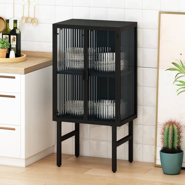 24 inch Black Modern Sideboard Buffet Cabinet with Glass Door ，2-Tier Storage Table