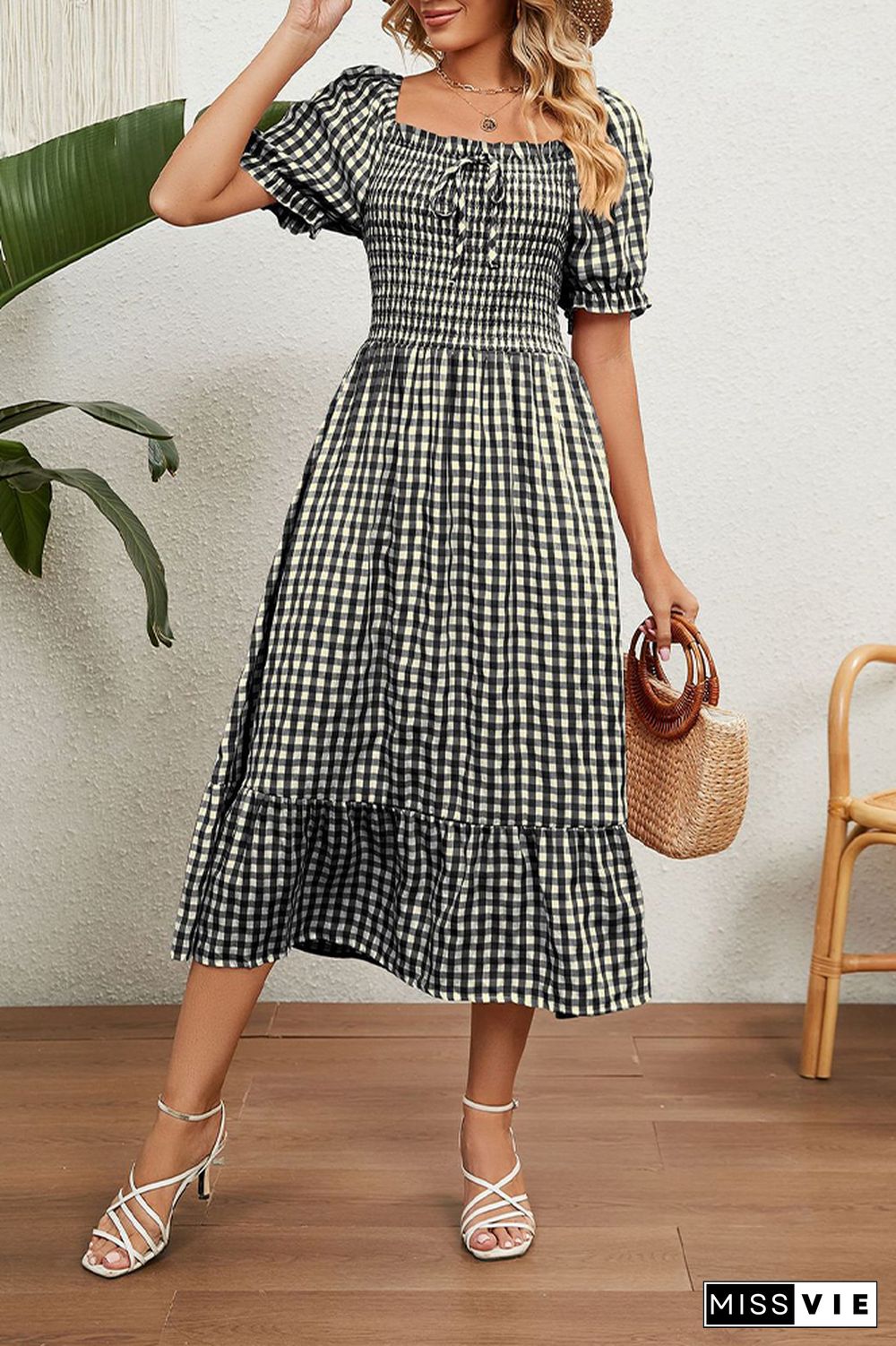 Square Neck Plaid Long Dress