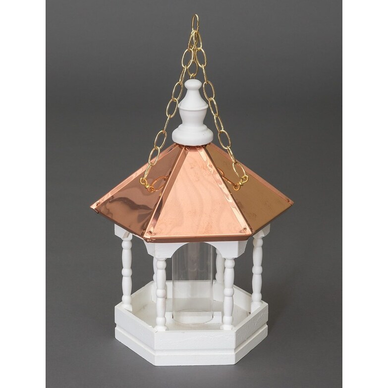 Small White Bird Feeder with Spindles and Copper Roof