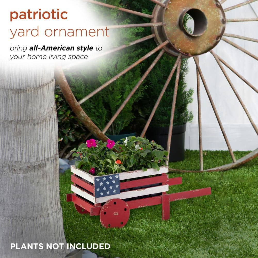 Alpine Corporation 9 in. Tall Indoor/Outdoor Rustic Wooden American Flag Wheelbarrow Planter BKY100HH