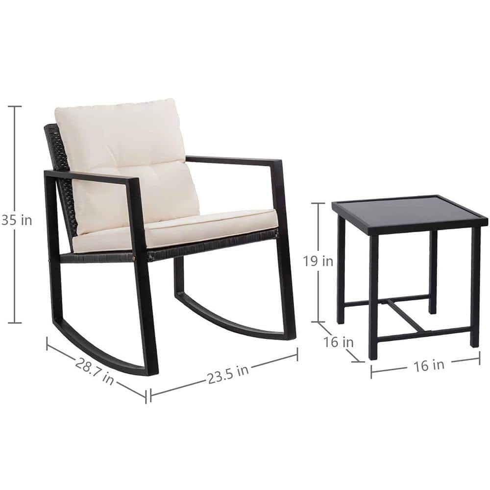 Tozey Black 3-Pieces Metal Wicker Outdoor Rocking Chair Bistro Conversation Set with White Cushions T-LCRC943RBK