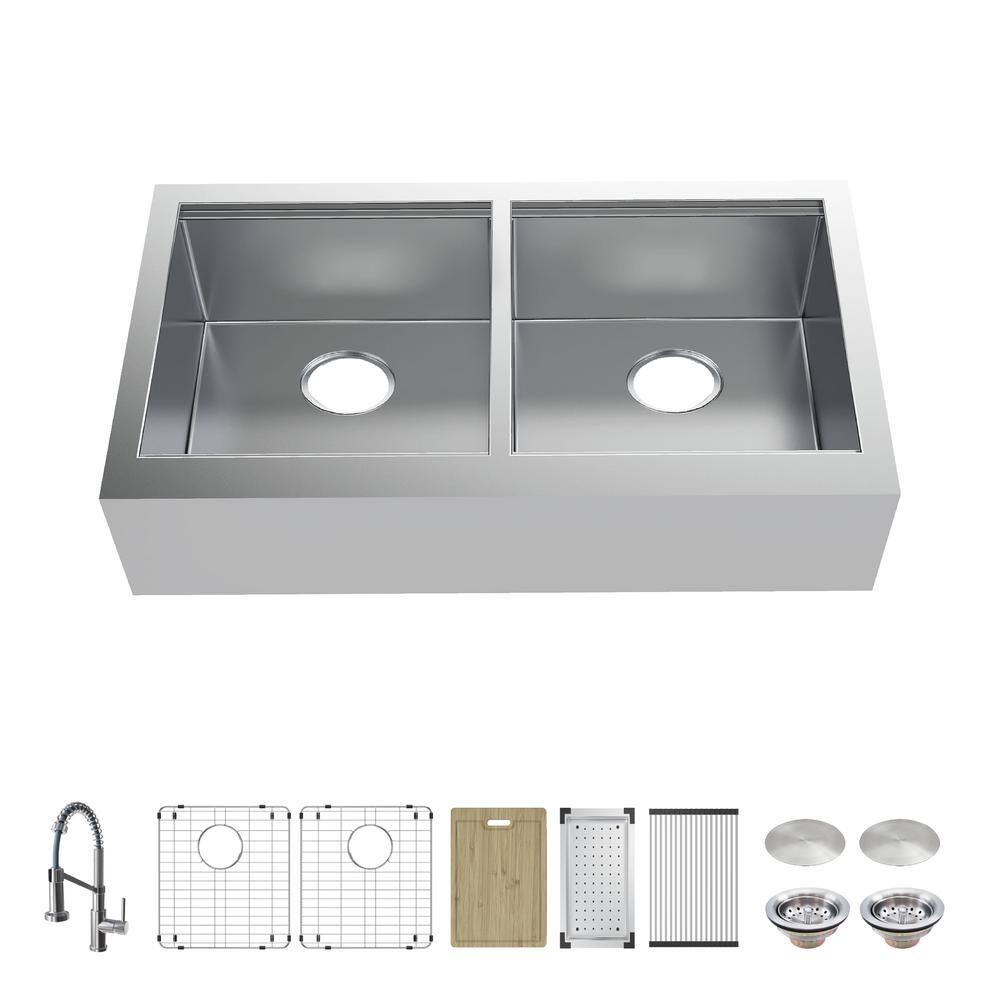 Glacier Bay Professional 33 in Farmhouse ApronFront 16G Double Bowl Workstation Stainless Steel Kitchen Sink with Spring Neck Faucet FSU1ZAS3321A0SA