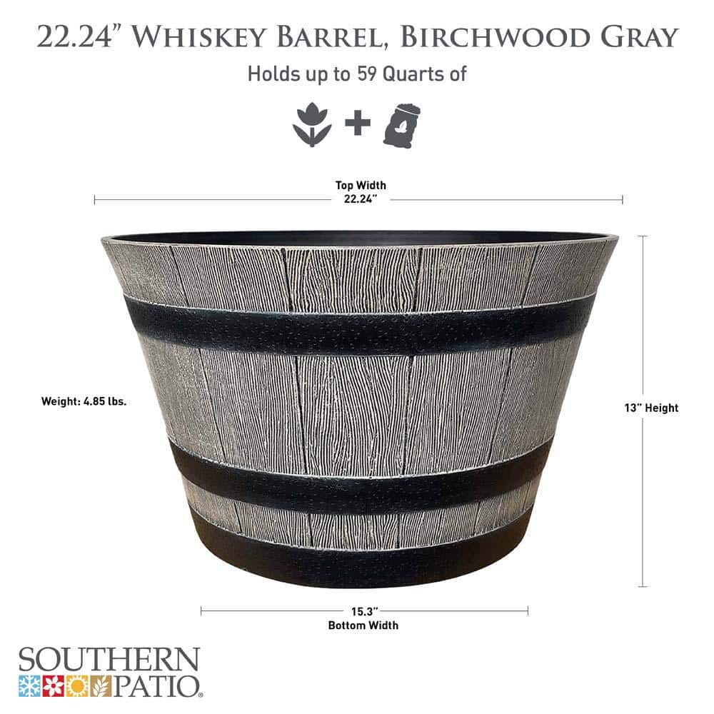 Southern Patio 22.24 in. Dia x 13 in. H 59 qt. Birchwood Gray High-Density Resin Whiskey Barrel Outdoor Planter HDR-055488