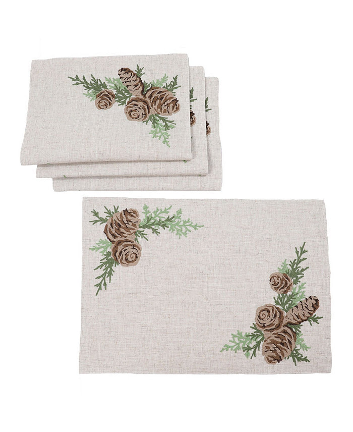 Manor Luxe Winter Pine Cones and Branches Crewel Embroidered Placemats 14 x 20 Set of 4