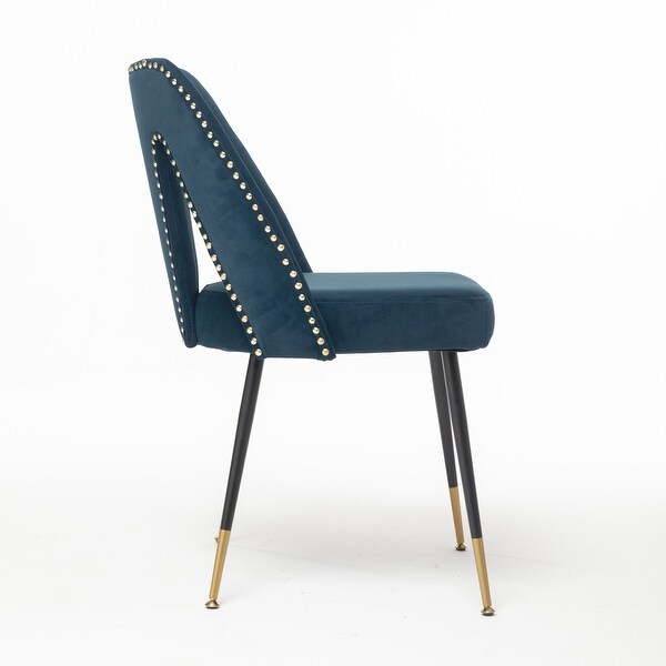 Contemporary Velvet Upholstered Dining Chair with Nailheads and Gold Tipped Black Metal Legs Set of 2
