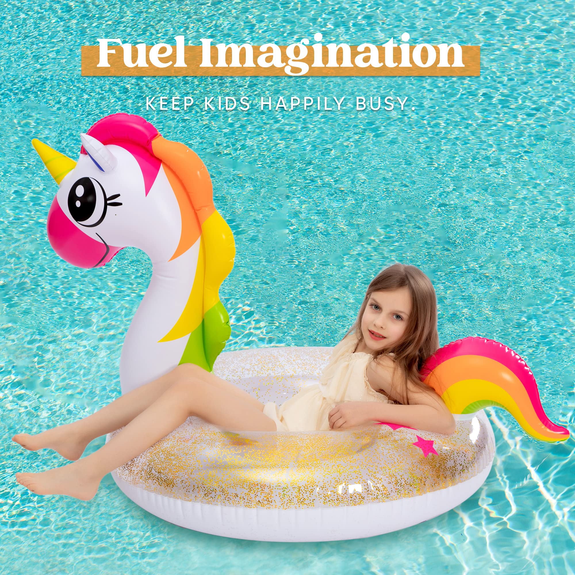 JOYIN 2 Set Inflatable Unicorn & Flamingo Pool Float with Glitters 35.5”, Pool Tubes for Floating, Fun Beach Floaties, Pool Toys, Summer Pool Beach Outdoor Party Supplies Party Toys for Kids