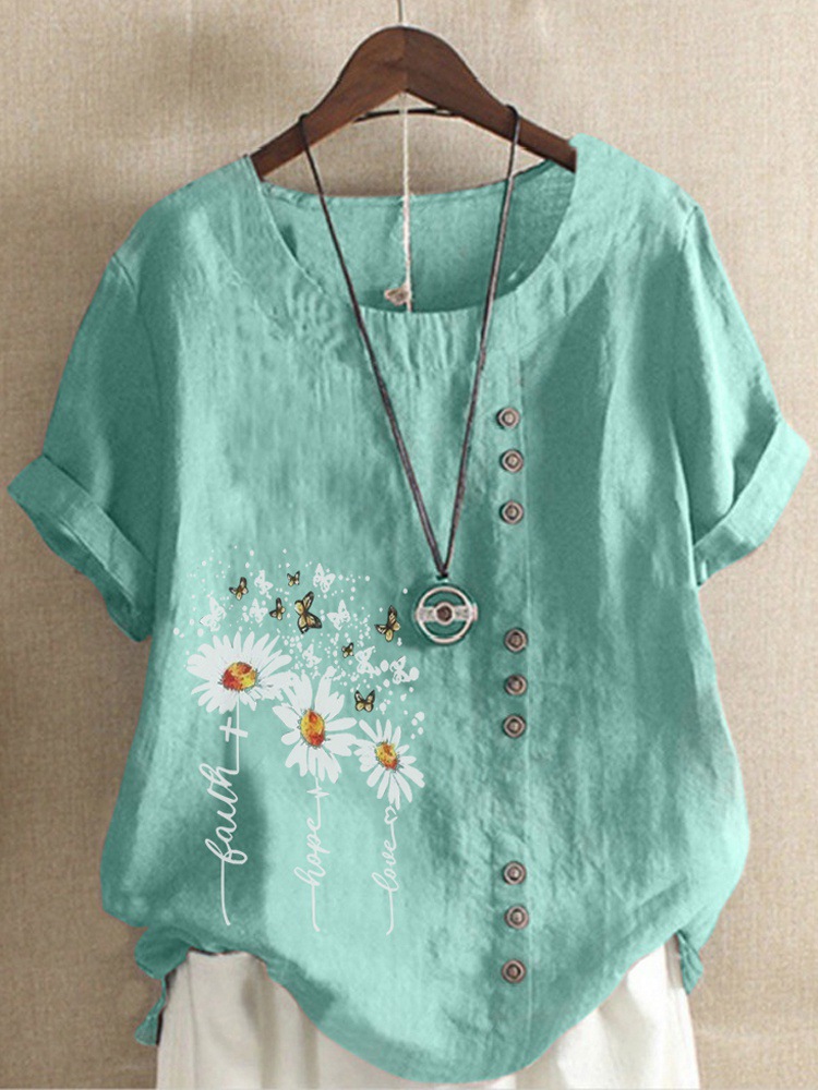 Round Neck Casual Loose Marguerite Flower Print Short Sleeve Blouse