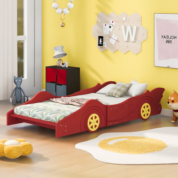 Full Size Race Car Shaped Platform Bed with Wheels...