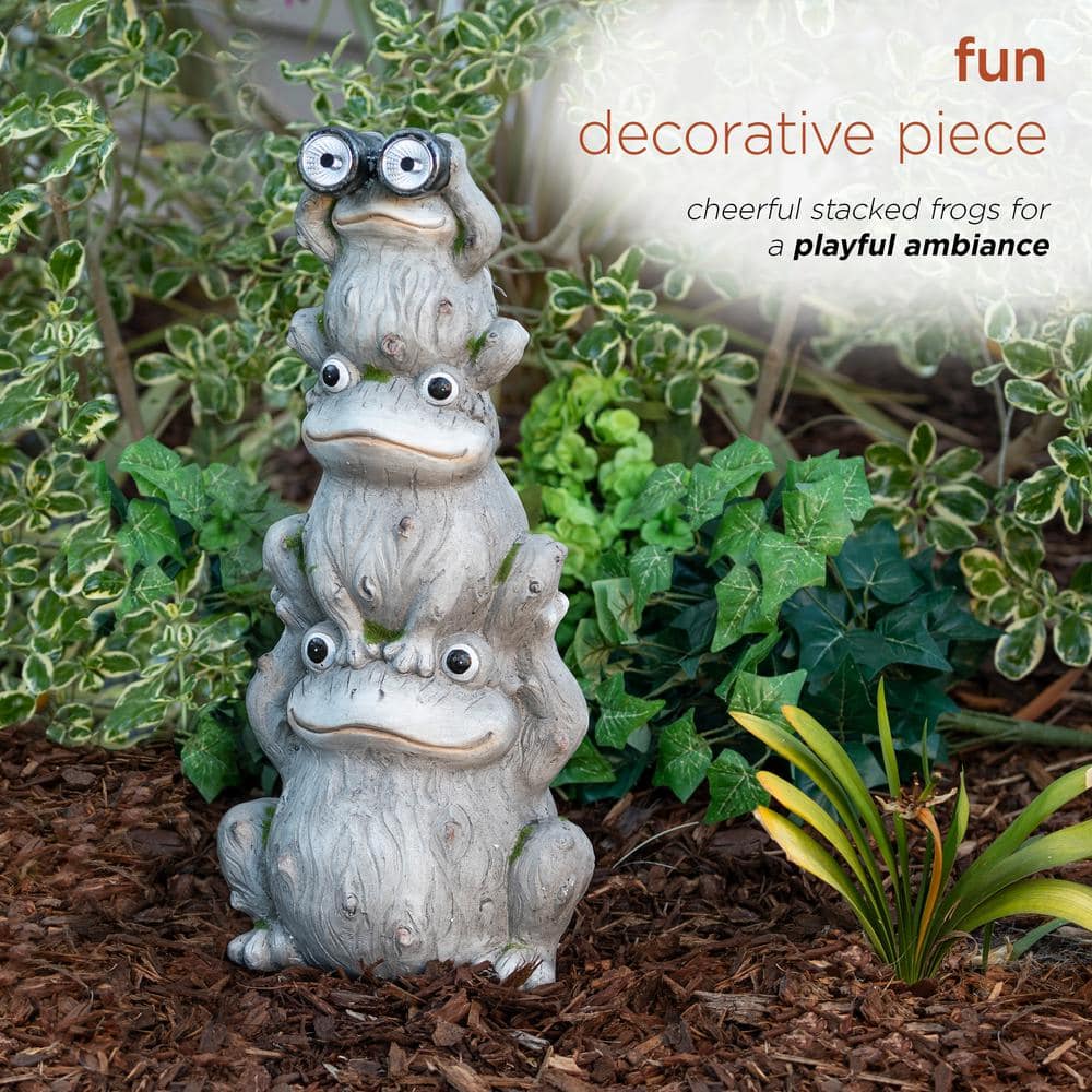 Alpine Corporation 23 in. Tall Outdoor Solar Powered Stacked Frog Family Statue with LED Lights QWR848SLR