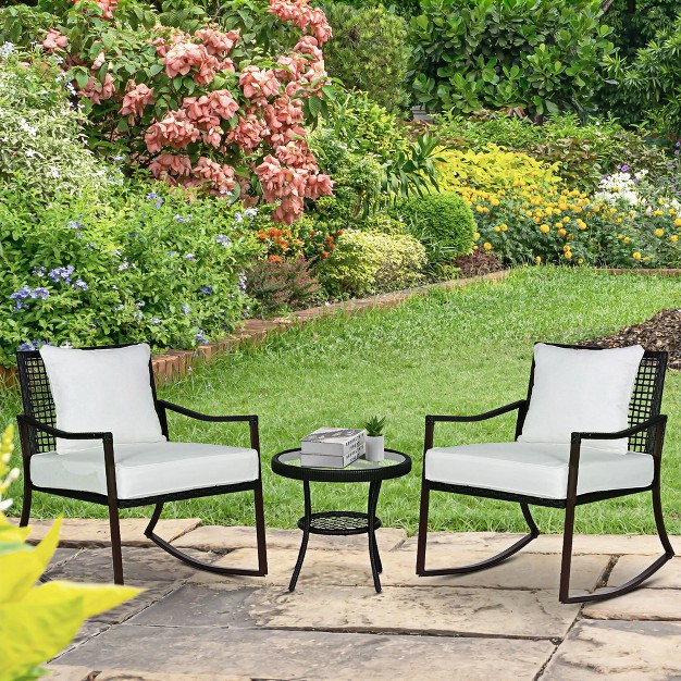 Outsunny 3 piece Bistro Set Outdoor Wicker Furniture Set With Rattan Rocking Chair Side Table For Patio Backyard Garden And Balcony