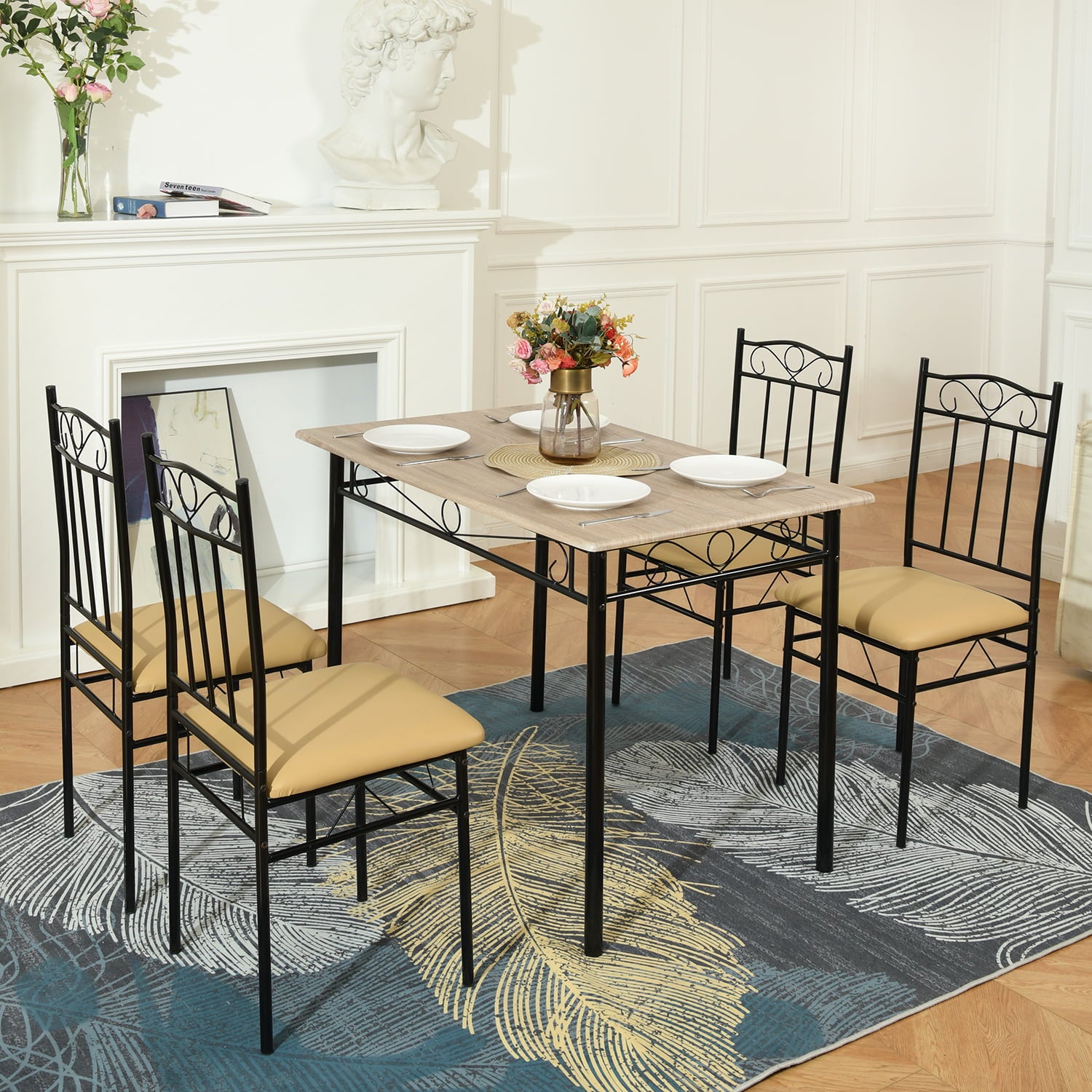 5 Piece Dining Table Set, Wood & Metal Dining Set for 4, Modern Kitchen Table and 2 PU Cushion Chairs Sets, Beech