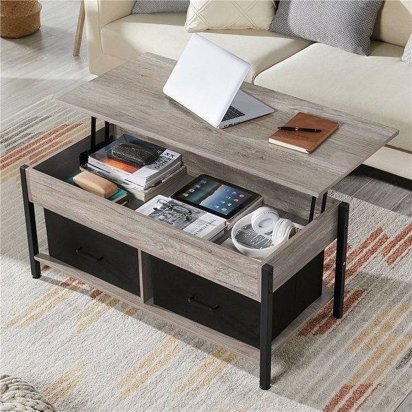 Yaheetech Lift Top Wood Coffee Table with Fabric Storage Baskets