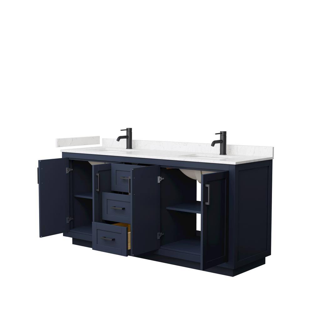 Wyndham Collection Miranda 72 in. W Double Bath Vanity in Dark Blue with Cultured Marble Vanity Top in Light-Vein Carrara with White Basins WCF292972DBBC2UNSMXX