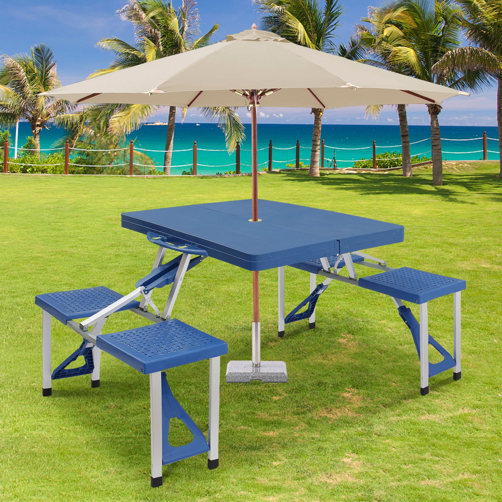 Folding Picnic Table， Outdoor Table and Chair Set with 4 Seaters and 220lbs Weight Capacity for Travel Patio Lawn Garden