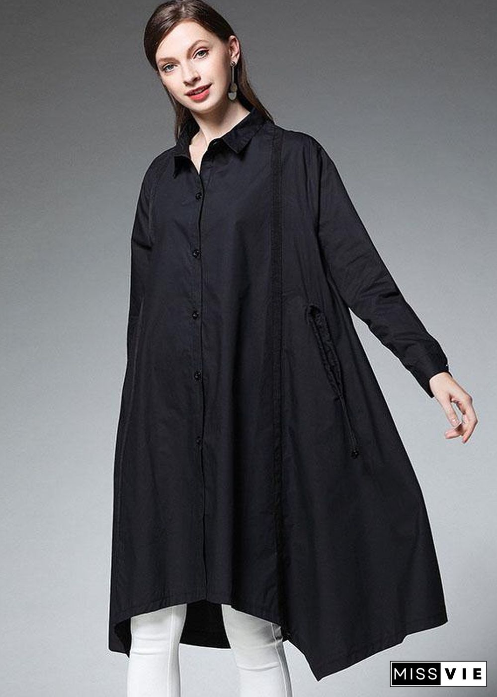 Plus Size Black Pockets Asymmetrical Design Fall Cotton Long Shirts Long sleeve