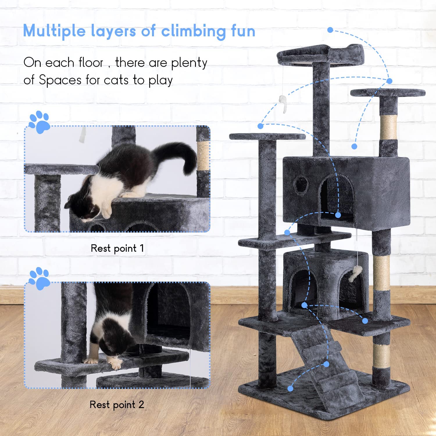 BestPet 54in Multi-Level Cat Tree Tower with Cat Scratching Post Stand House Furniture Kitty Activity Tree，Gray